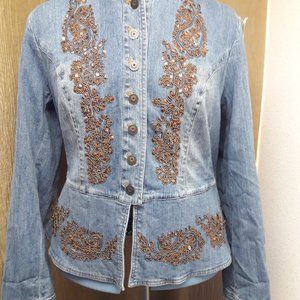 Coldwater Creek Denim Jacket with Bronze Line work sequins 1X